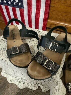 Mephisto Black Leather Sandals with Metallic Textured Straps